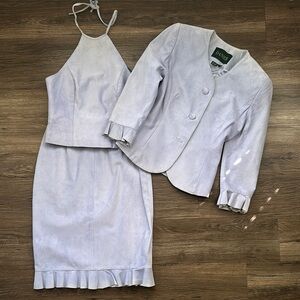 3 Piece Vintage Danier Baby Blue Suede Leather Set, Skirt, Halter Top, Blazer